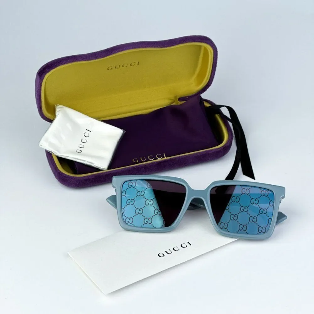 NEW Gucci GG1540S 003 Light Blue Violet Logo Mirrored Men Square 55mm Sunglasses